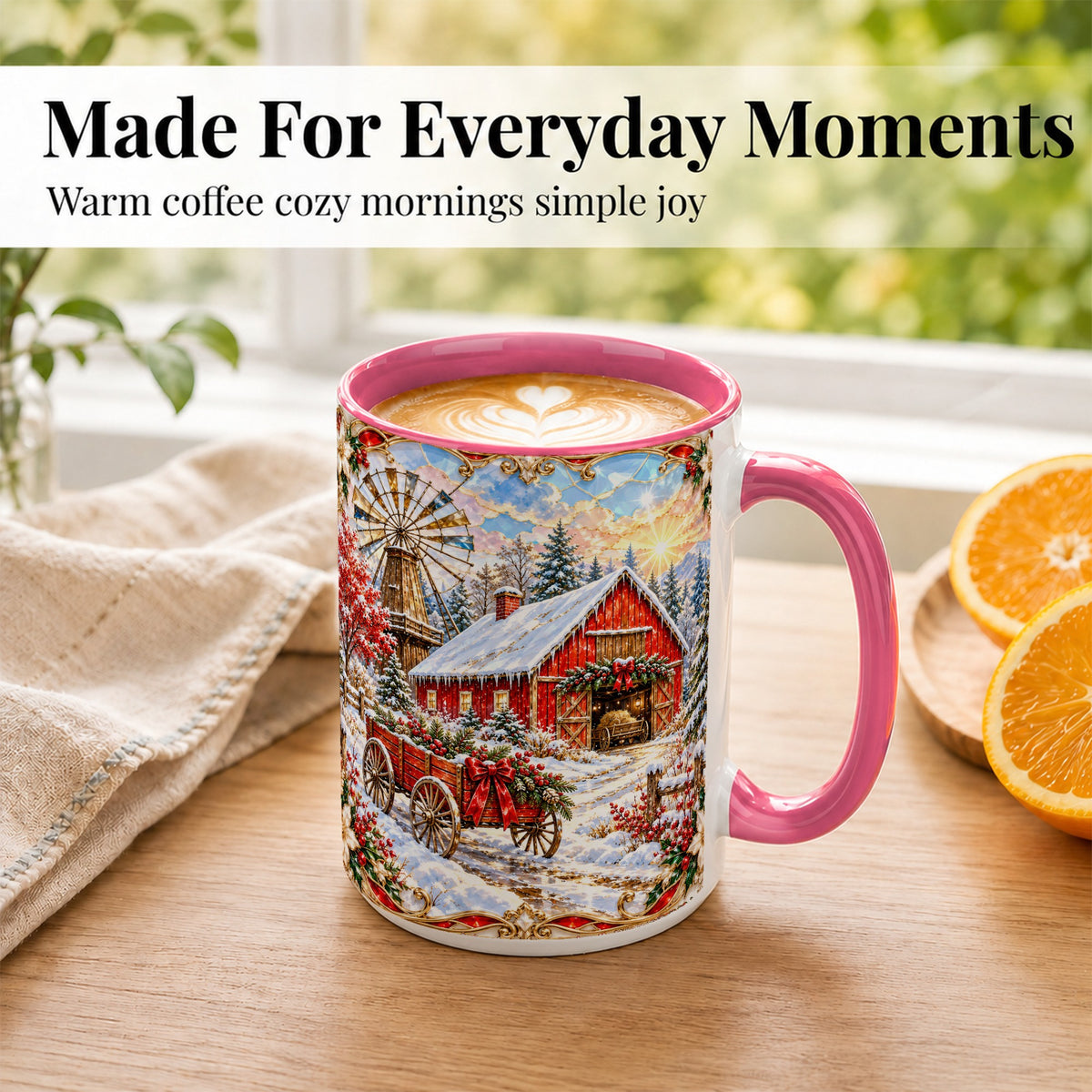 #pl[15oz|Pink] Windmill Barn Coffee Mug, Winter Farm Mug, Ceramic Cup