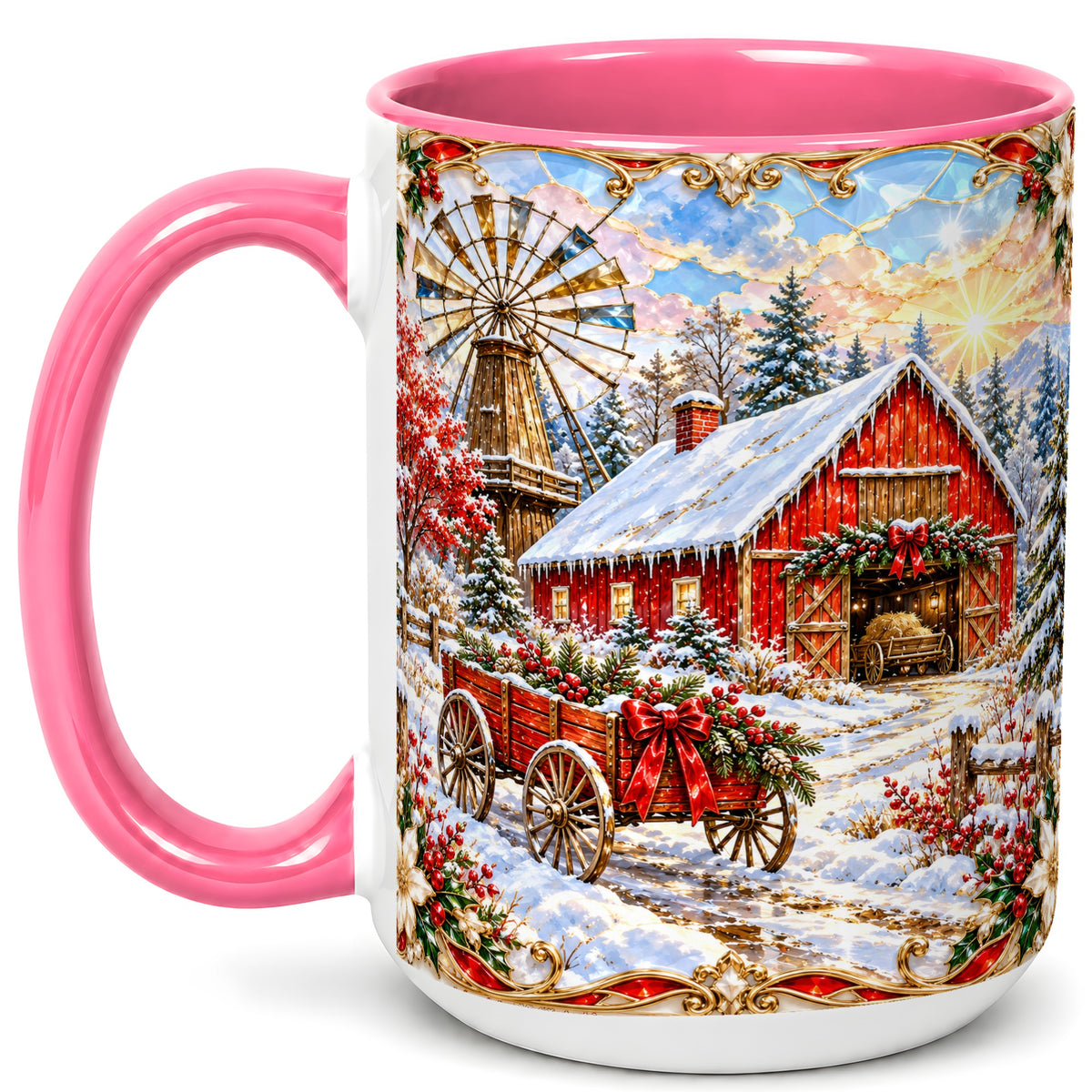 #pl[15oz|Pink] Windmill Barn Coffee Mug, Winter Farm Mug, Ceramic Cup