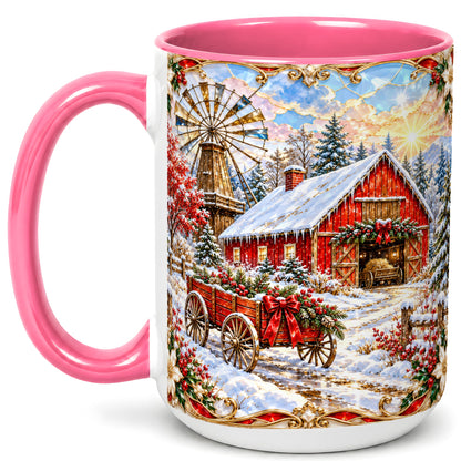 #pl[15oz|Pink] Windmill Barn Coffee Mug, Winter Farm Mug, Ceramic Cup