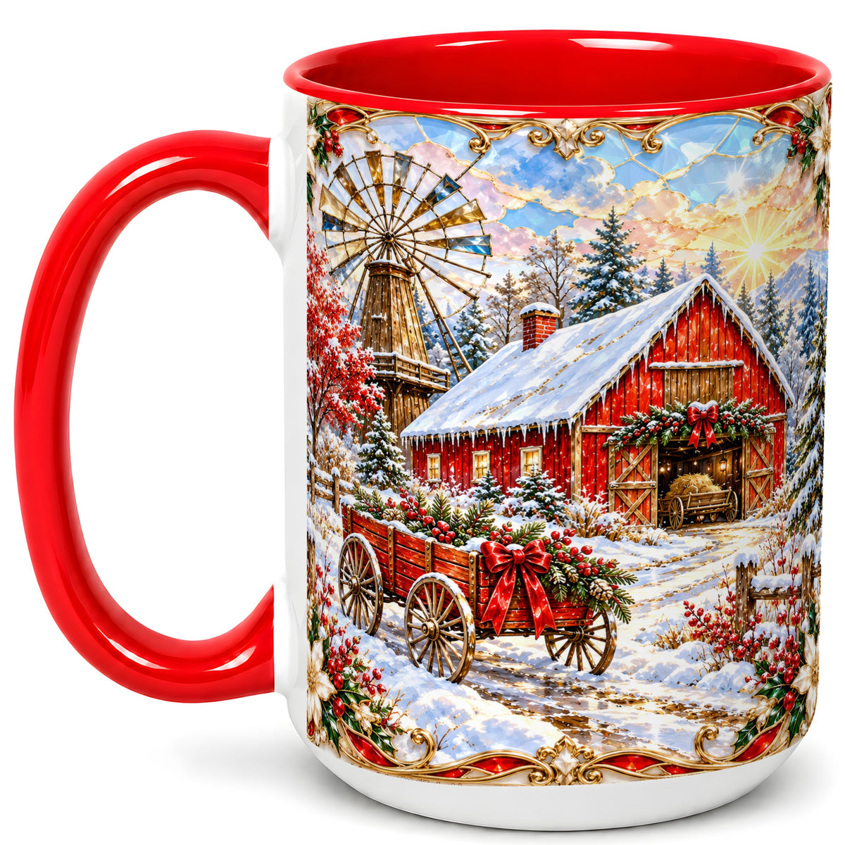 #pl[15oz|Red] Windmill Barn Coffee Mug, Winter Farm Mug, Ceramic Cup
