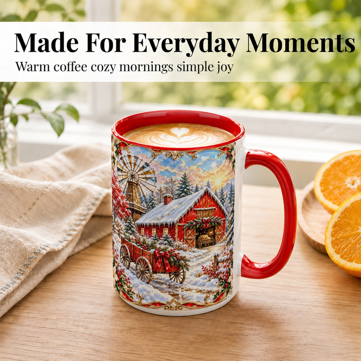 #pl[15oz|Red] Windmill Barn Coffee Mug, Winter Farm Mug, Ceramic Cup