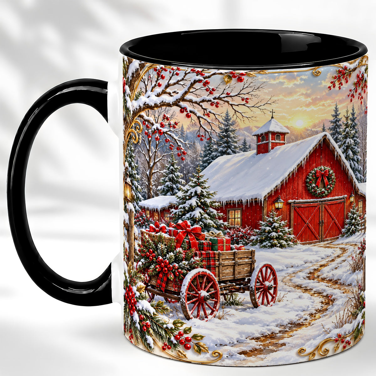 #pl[11oz|Black] Snowy Red Barn Coffee Mug, Christmas Farm Mug, Ceramic Cup