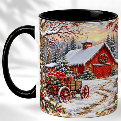 #pl[11oz|Black] Snowy Red Barn Coffee Mug, Christmas Farm Mug, Ceramic Cup