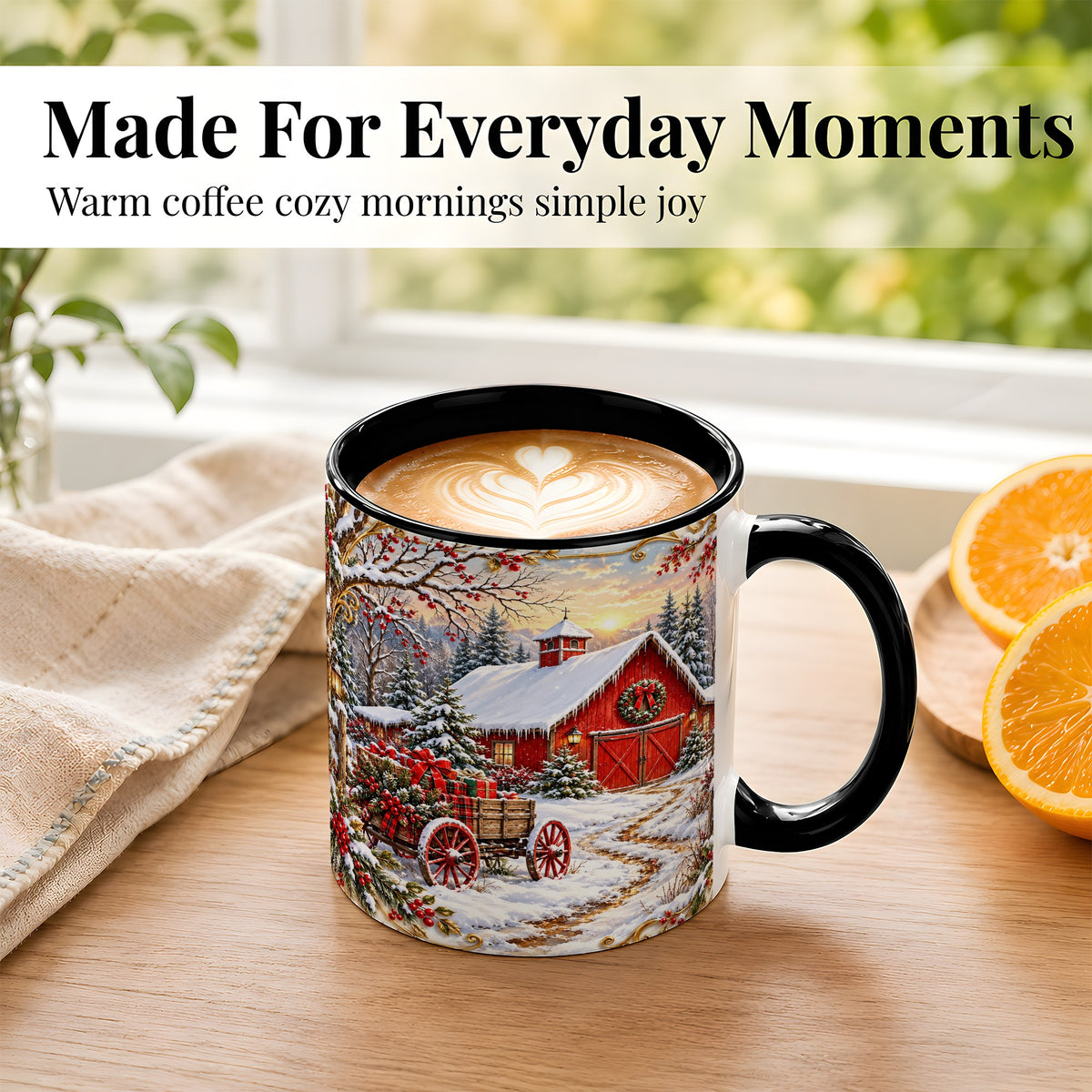 #pl[11oz|Black] Snowy Red Barn Coffee Mug, Christmas Farm Mug, Ceramic Cup