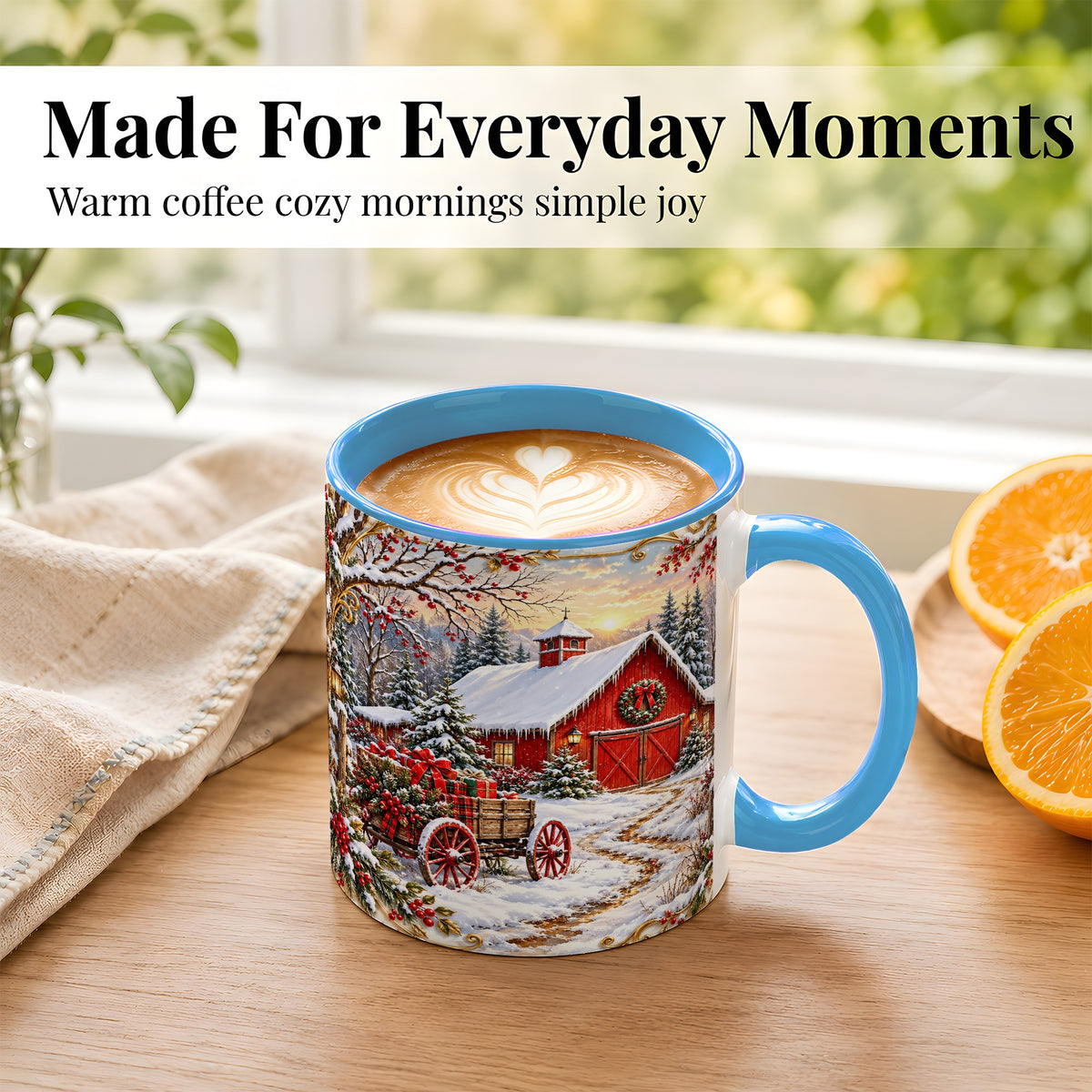 #pl[11oz|Blue] Snowy Red Barn Coffee Mug, Christmas Farm Mug, Ceramic Cup