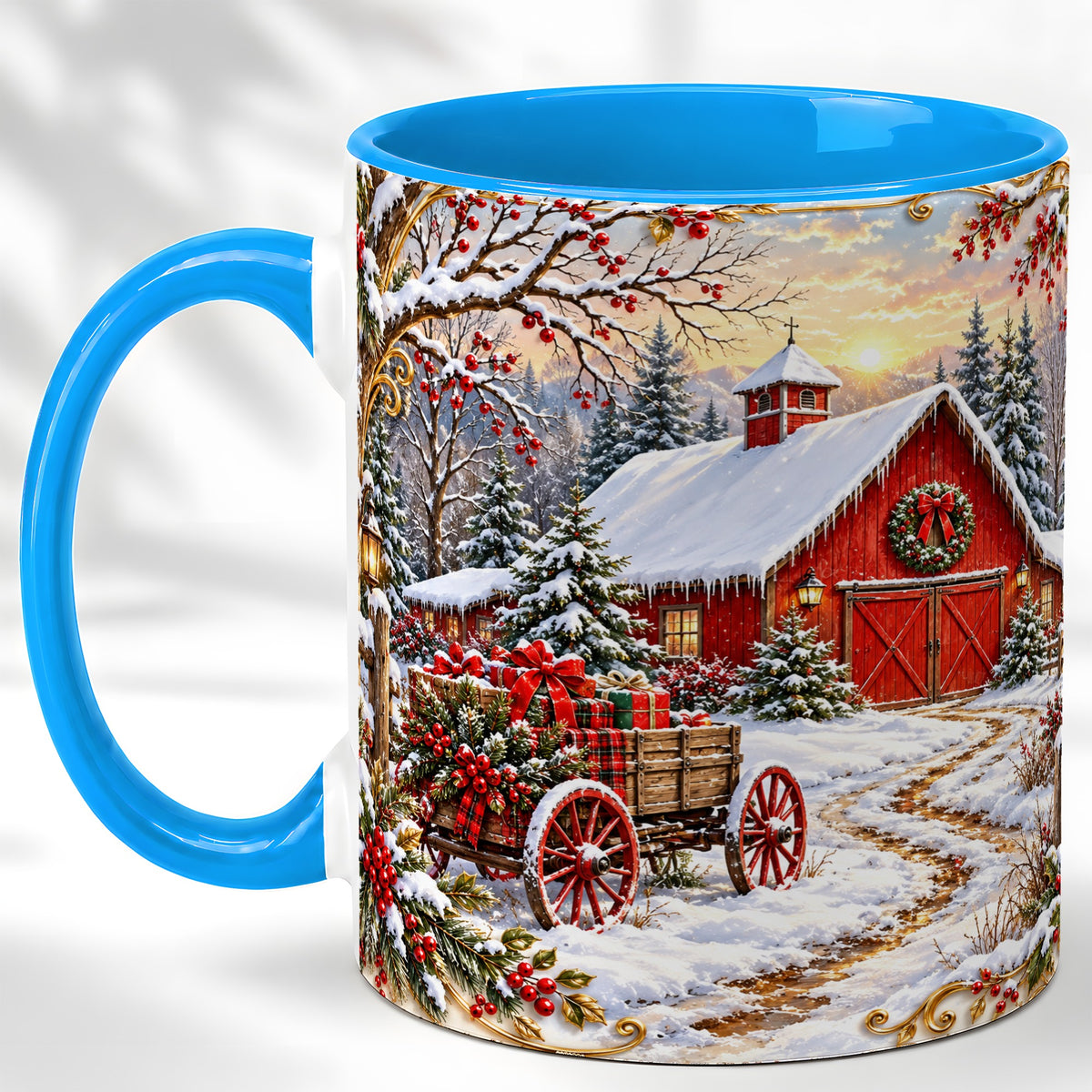 #pl[11oz|Blue] Snowy Red Barn Coffee Mug, Christmas Farm Mug, Ceramic Cup