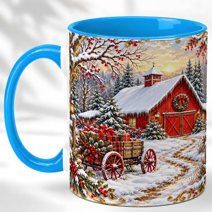 #pl[11oz|Blue] Snowy Red Barn Coffee Mug, Christmas Farm Mug, Ceramic Cup