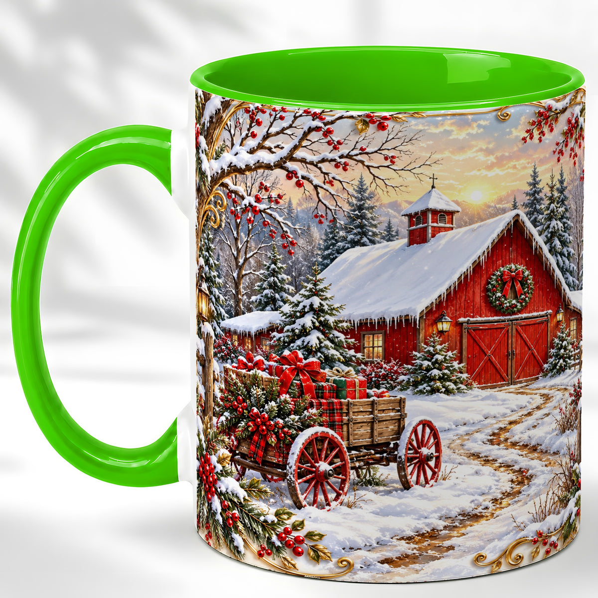 #pl[11oz|Green] Snowy Red Barn Coffee Mug, Christmas Farm Mug, Ceramic Cup