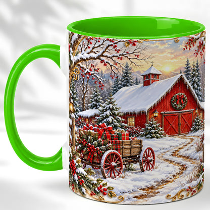 #pl[11oz|Green] Snowy Red Barn Coffee Mug, Christmas Farm Mug, Ceramic Cup
