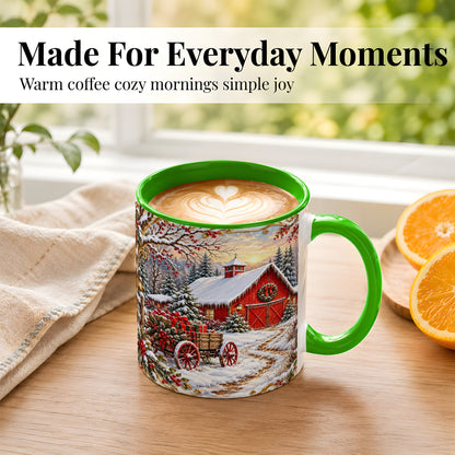 #pl[11oz|Green] Snowy Red Barn Coffee Mug, Christmas Farm Mug, Ceramic Cup