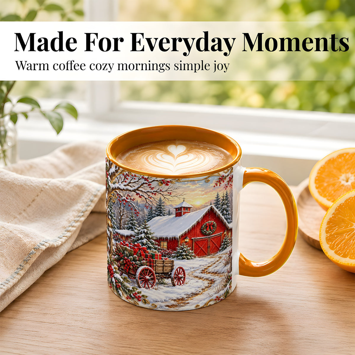#pl[11oz|Orange] Snowy Red Barn Coffee Mug, Christmas Farm Mug, Ceramic Cup