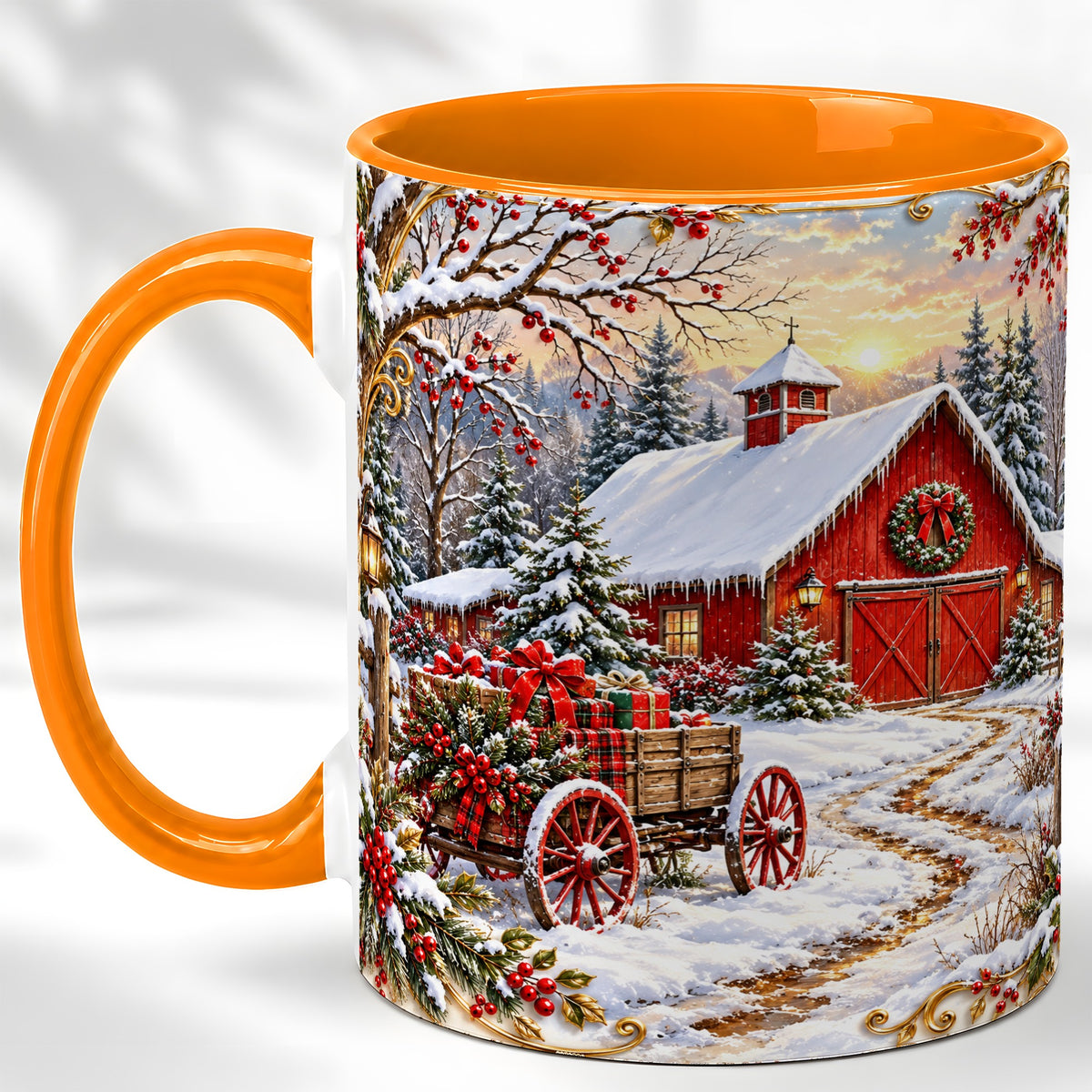 #pl[11oz|Orange] Snowy Red Barn Coffee Mug, Christmas Farm Mug, Ceramic Cup