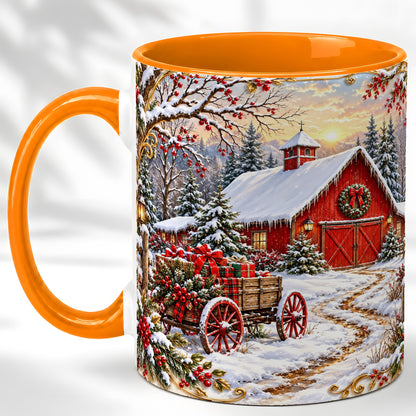 #pl[11oz|Orange] Snowy Red Barn Coffee Mug, Christmas Farm Mug, Ceramic Cup