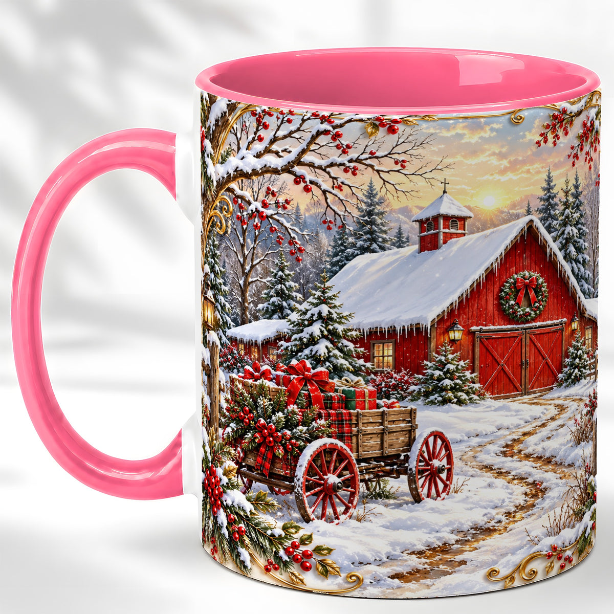 #pl[11oz|Pink] Snowy Red Barn Coffee Mug, Christmas Farm Mug, Ceramic Cup