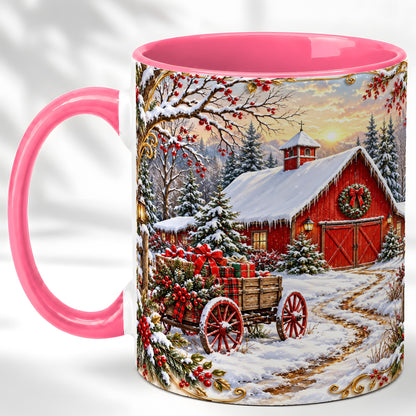 #pl[11oz|Pink] Snowy Red Barn Coffee Mug, Christmas Farm Mug, Ceramic Cup