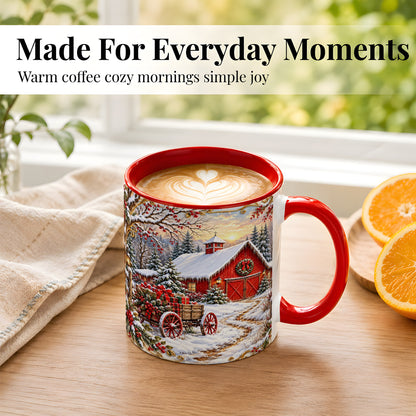 #pl[11oz|Red] Snowy Red Barn Coffee Mug, Christmas Farm Mug, Ceramic Cup