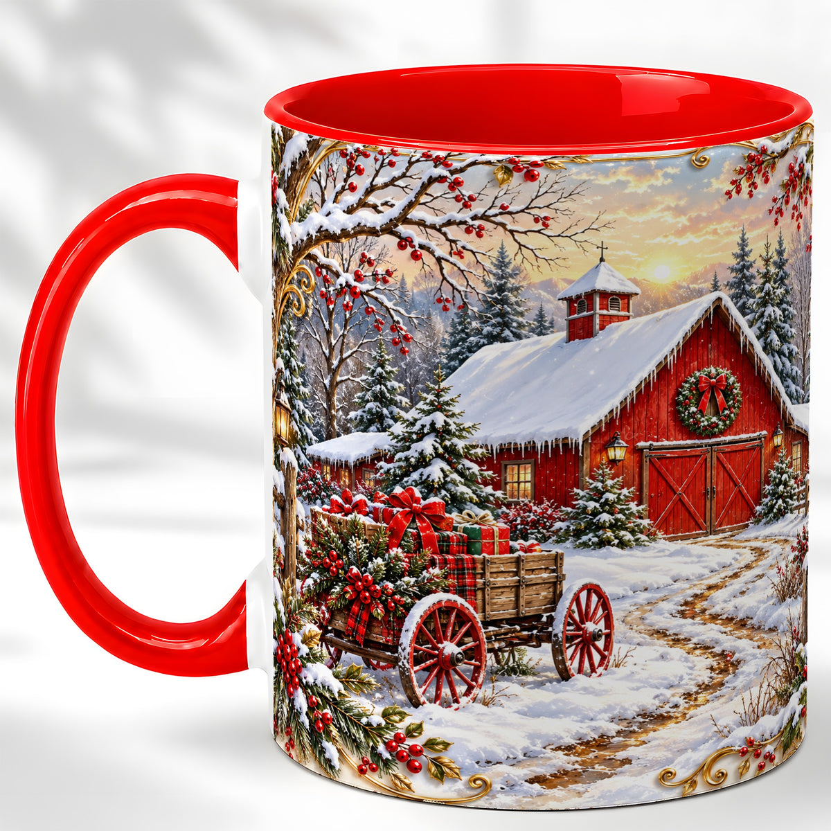 Snowy Red Barn Coffee Mug, Christmas Farm Mug, Ceramic Cup