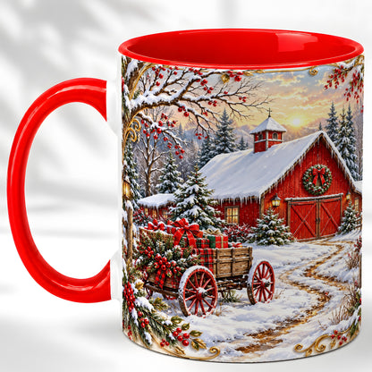 Snowy Red Barn Coffee Mug, Christmas Farm Mug, Ceramic Cup