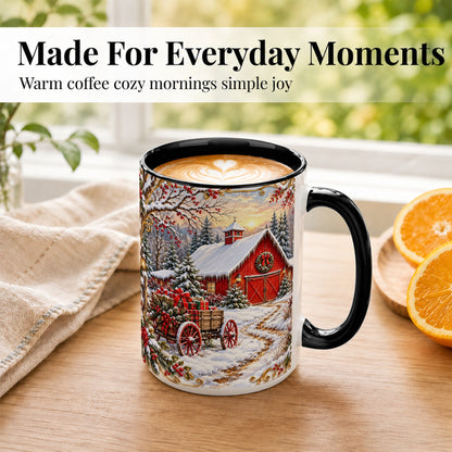 #pl[15oz|Black] Snowy Red Barn Coffee Mug, Christmas Farm Mug, Ceramic Cup