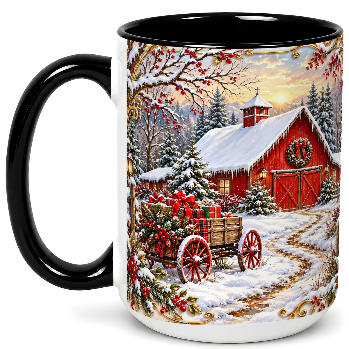 #pl[15oz|Black] Snowy Red Barn Coffee Mug, Christmas Farm Mug, Ceramic Cup