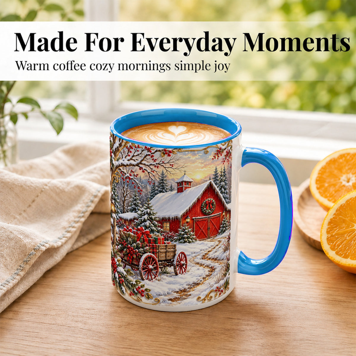 #pl[15oz|Blue] Snowy Red Barn Coffee Mug, Christmas Farm Mug, Ceramic Cup