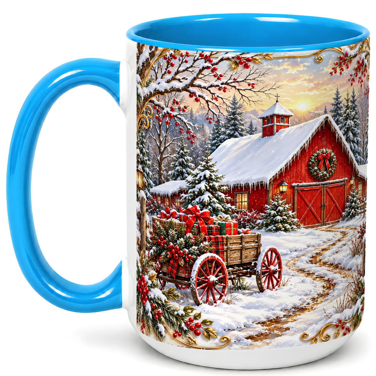 #pl[15oz|Blue] Snowy Red Barn Coffee Mug, Christmas Farm Mug, Ceramic Cup