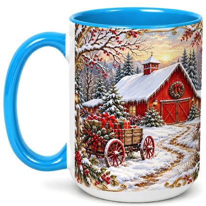 #pl[15oz|Blue] Snowy Red Barn Coffee Mug, Christmas Farm Mug, Ceramic Cup