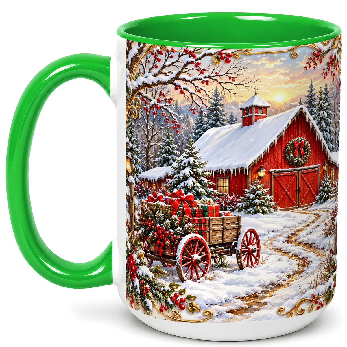 #pl[15oz|Green] Snowy Red Barn Coffee Mug, Christmas Farm Mug, Ceramic Cup