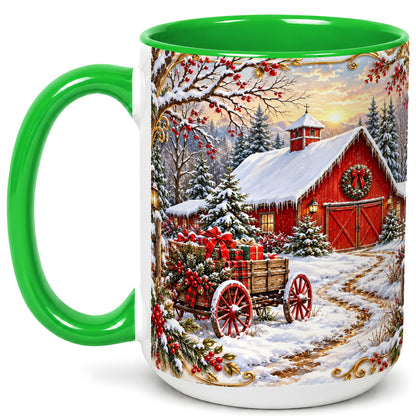 #pl[15oz|Green] Snowy Red Barn Coffee Mug, Christmas Farm Mug, Ceramic Cup
