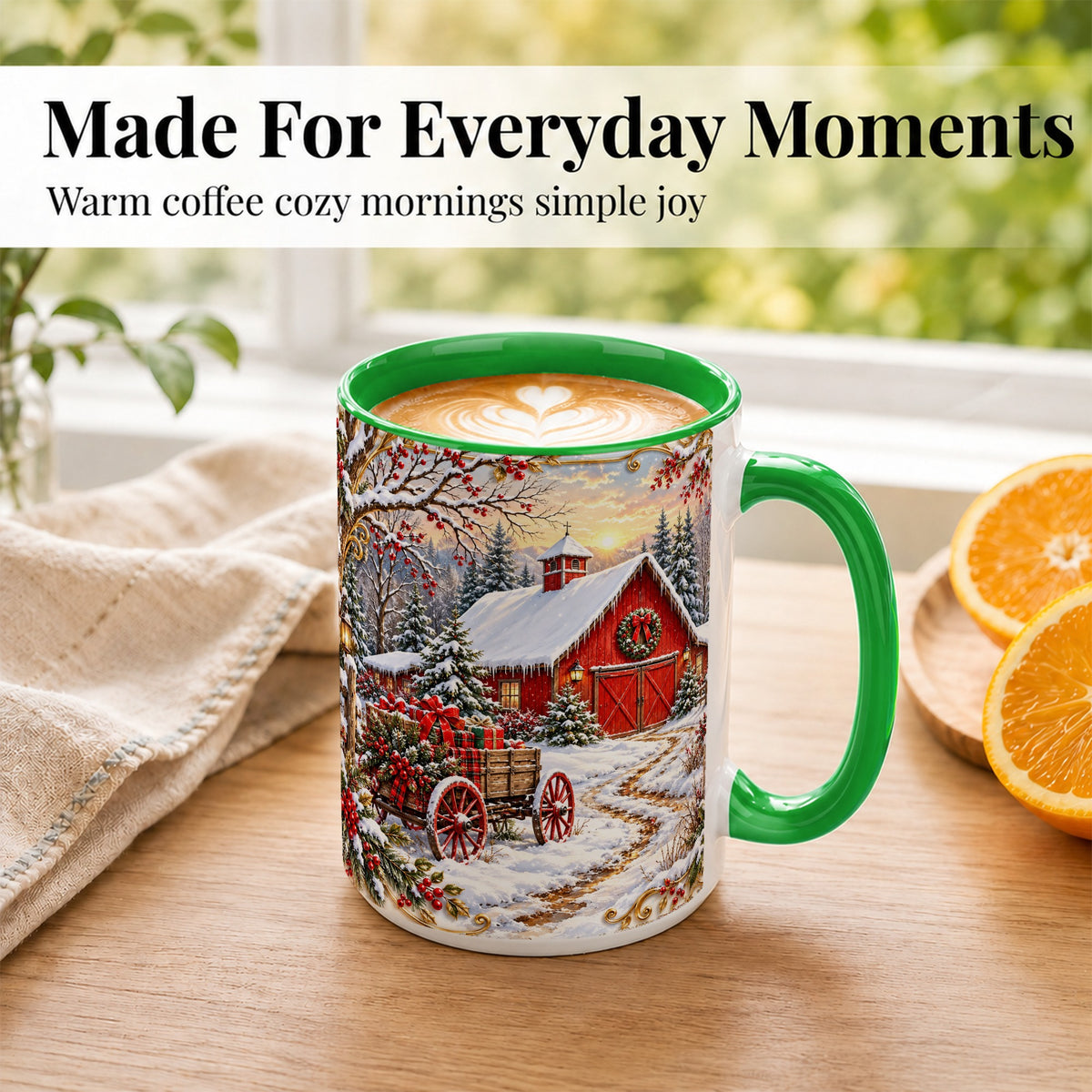 #pl[15oz|Green] Snowy Red Barn Coffee Mug, Christmas Farm Mug, Ceramic Cup
