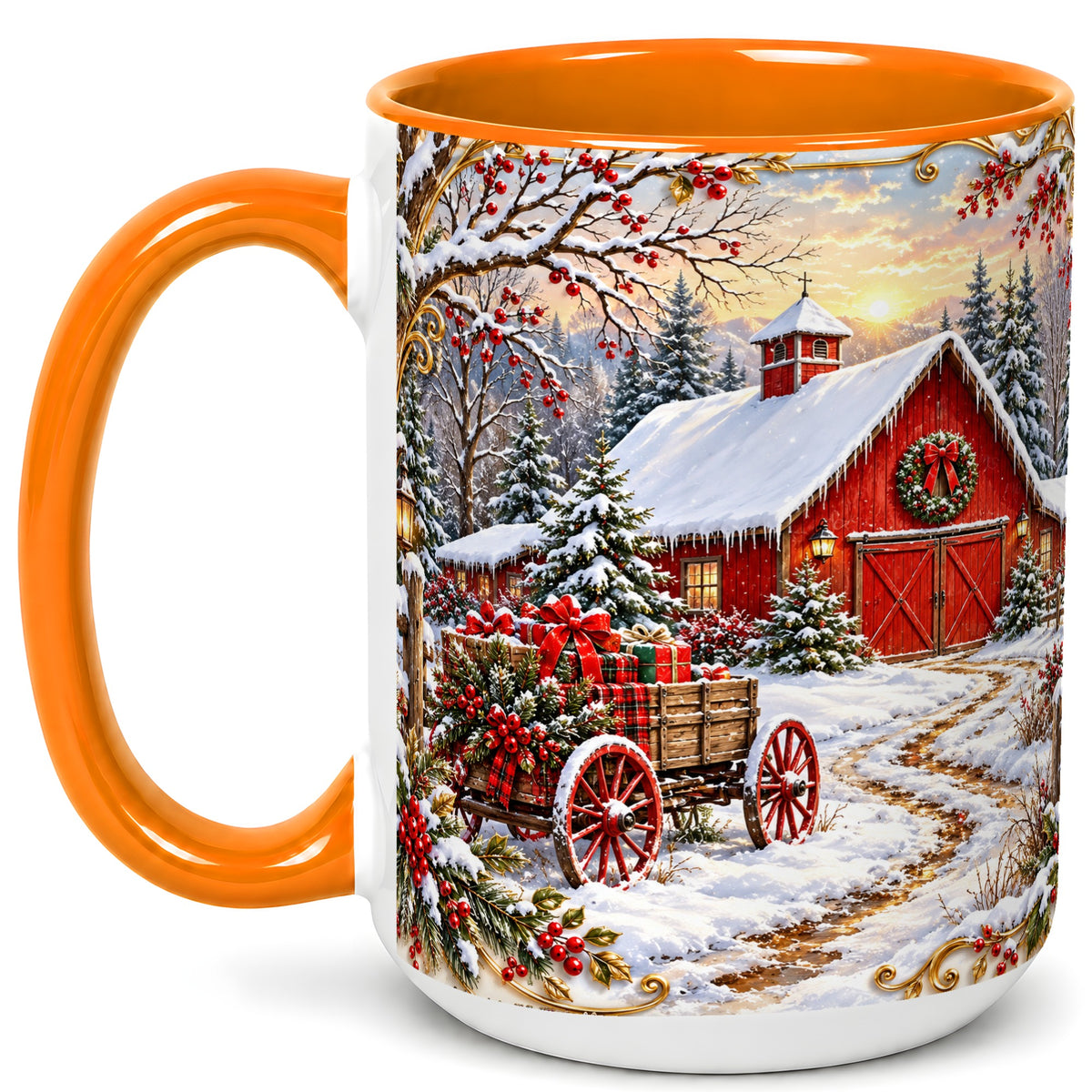 #pl[15oz|Orange] Snowy Red Barn Coffee Mug, Christmas Farm Mug, Ceramic Cup