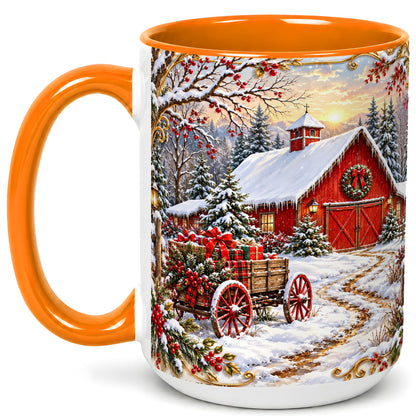 #pl[15oz|Orange] Snowy Red Barn Coffee Mug, Christmas Farm Mug, Ceramic Cup