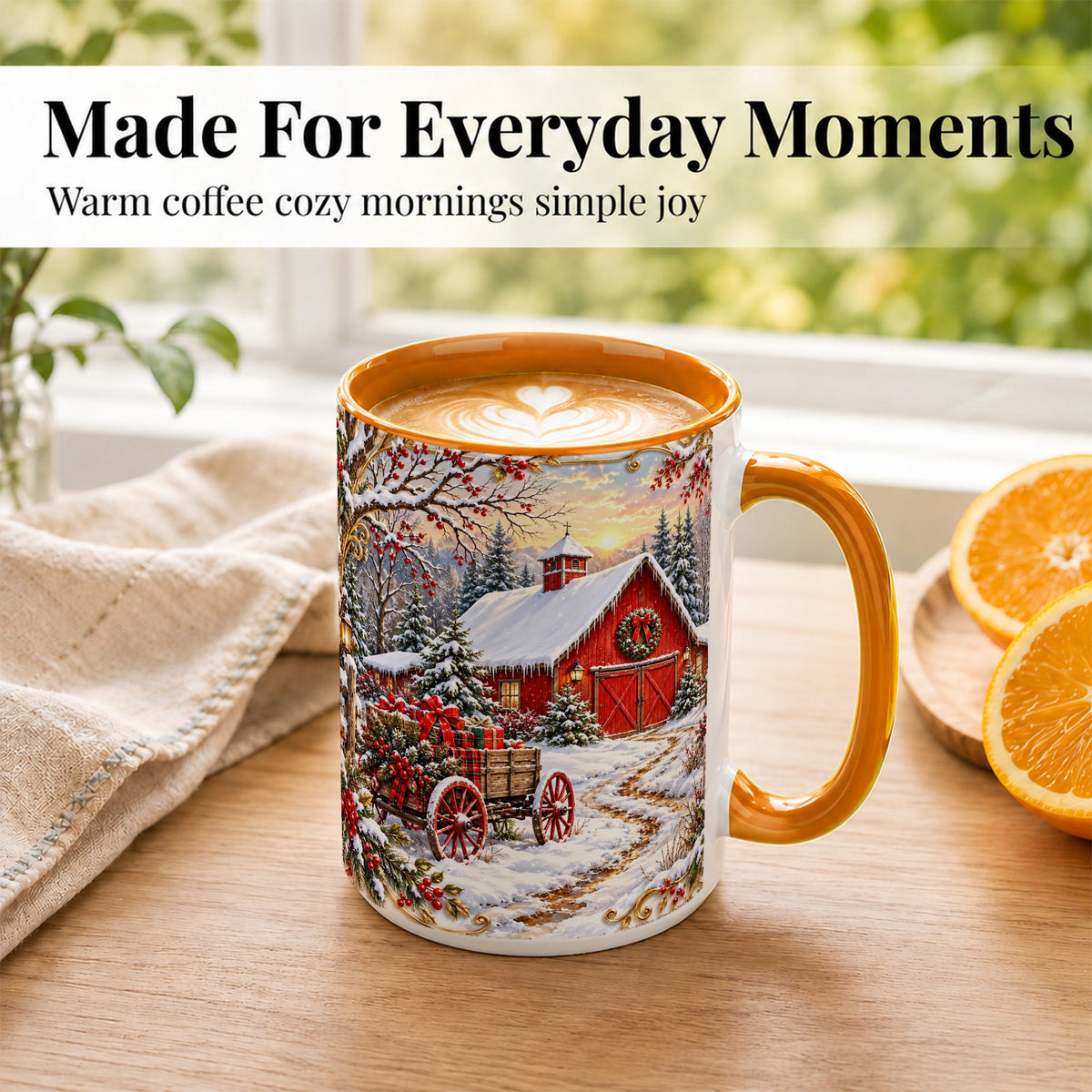 #pl[15oz|Orange] Snowy Red Barn Coffee Mug, Christmas Farm Mug, Ceramic Cup