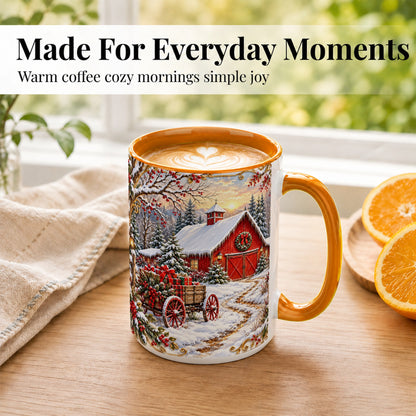 #pl[15oz|Orange] Snowy Red Barn Coffee Mug, Christmas Farm Mug, Ceramic Cup