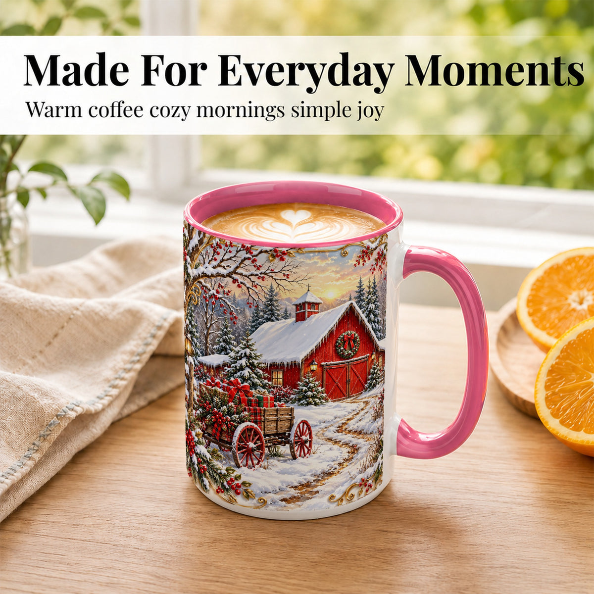#pl[15oz|Pink] Snowy Red Barn Coffee Mug, Christmas Farm Mug, Ceramic Cup