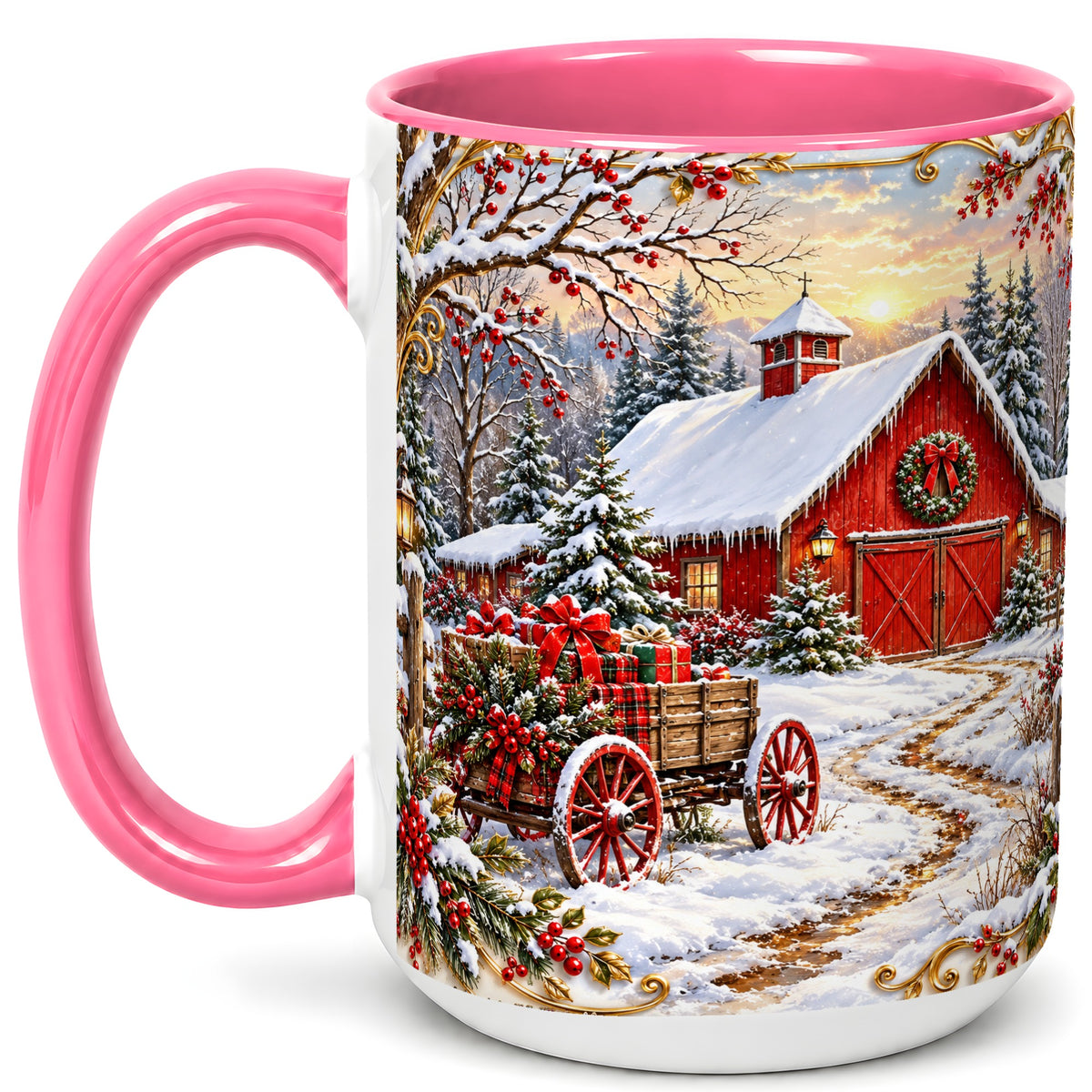 #pl[15oz|Pink] Snowy Red Barn Coffee Mug, Christmas Farm Mug, Ceramic Cup