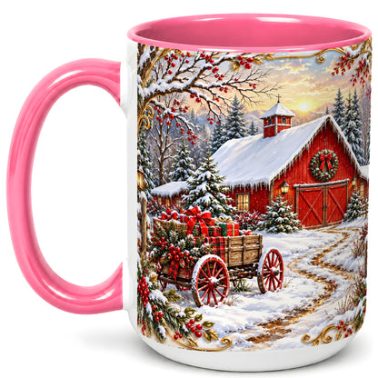 #pl[15oz|Pink] Snowy Red Barn Coffee Mug, Christmas Farm Mug, Ceramic Cup