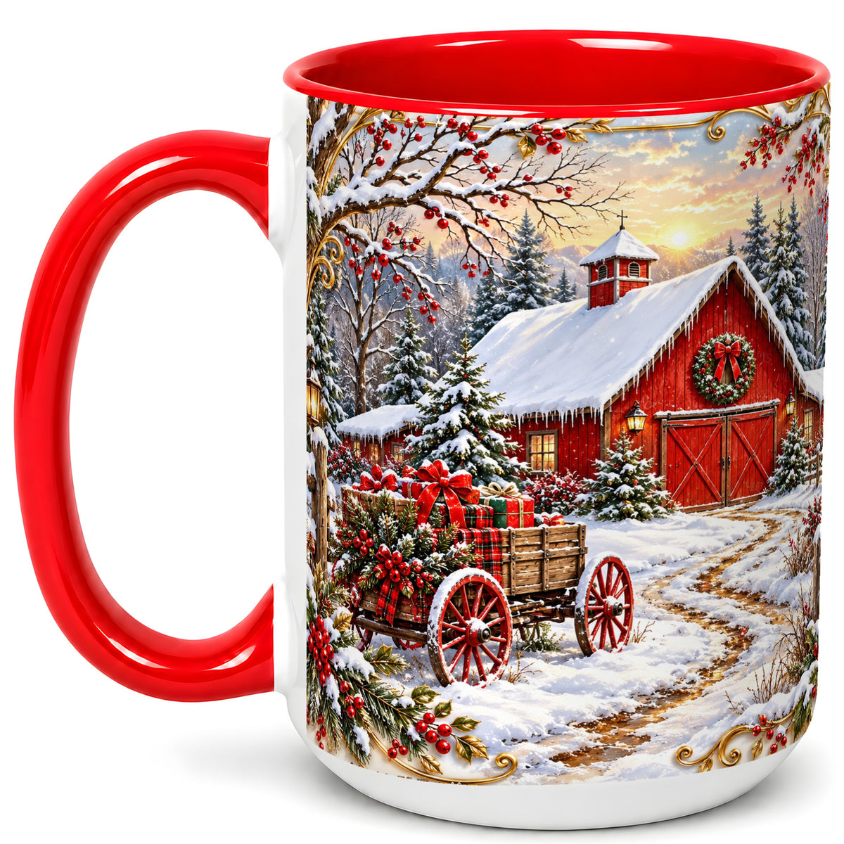 #pl[15oz|Red] Snowy Red Barn Coffee Mug, Christmas Farm Mug, Ceramic Cup