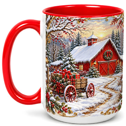 #pl[15oz|Red] Snowy Red Barn Coffee Mug, Christmas Farm Mug, Ceramic Cup