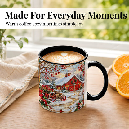 #pl[11oz|Black] Christmas Red Barn Coffee Mug, Winter Farm Mug, Ceramic Cup
