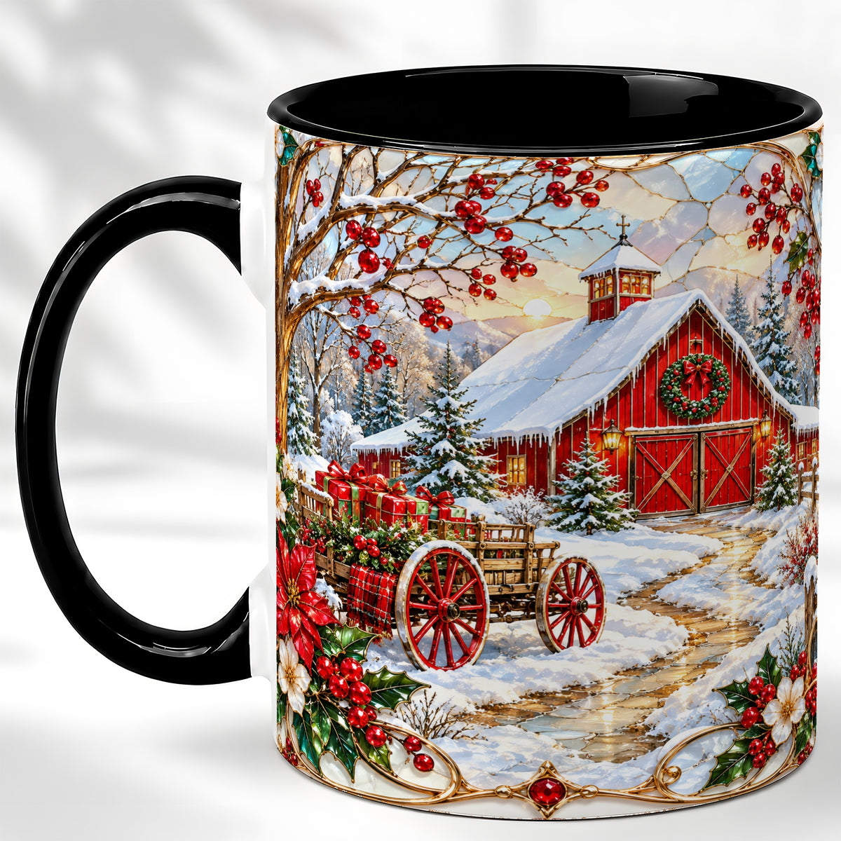 #pl[11oz|Black] Christmas Red Barn Coffee Mug, Winter Farm Mug, Ceramic Cup