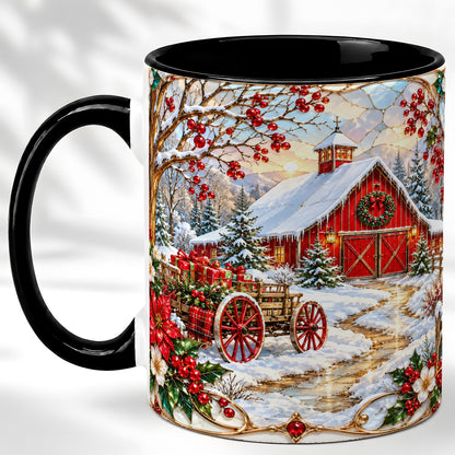 #pl[11oz|Black] Christmas Red Barn Coffee Mug, Winter Farm Mug, Ceramic Cup