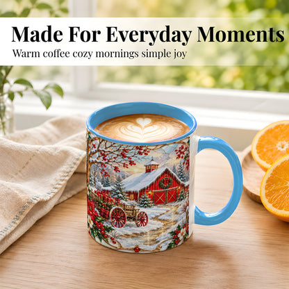 #pl[11oz|Blue] Christmas Red Barn Coffee Mug, Winter Farm Mug, Ceramic Cup