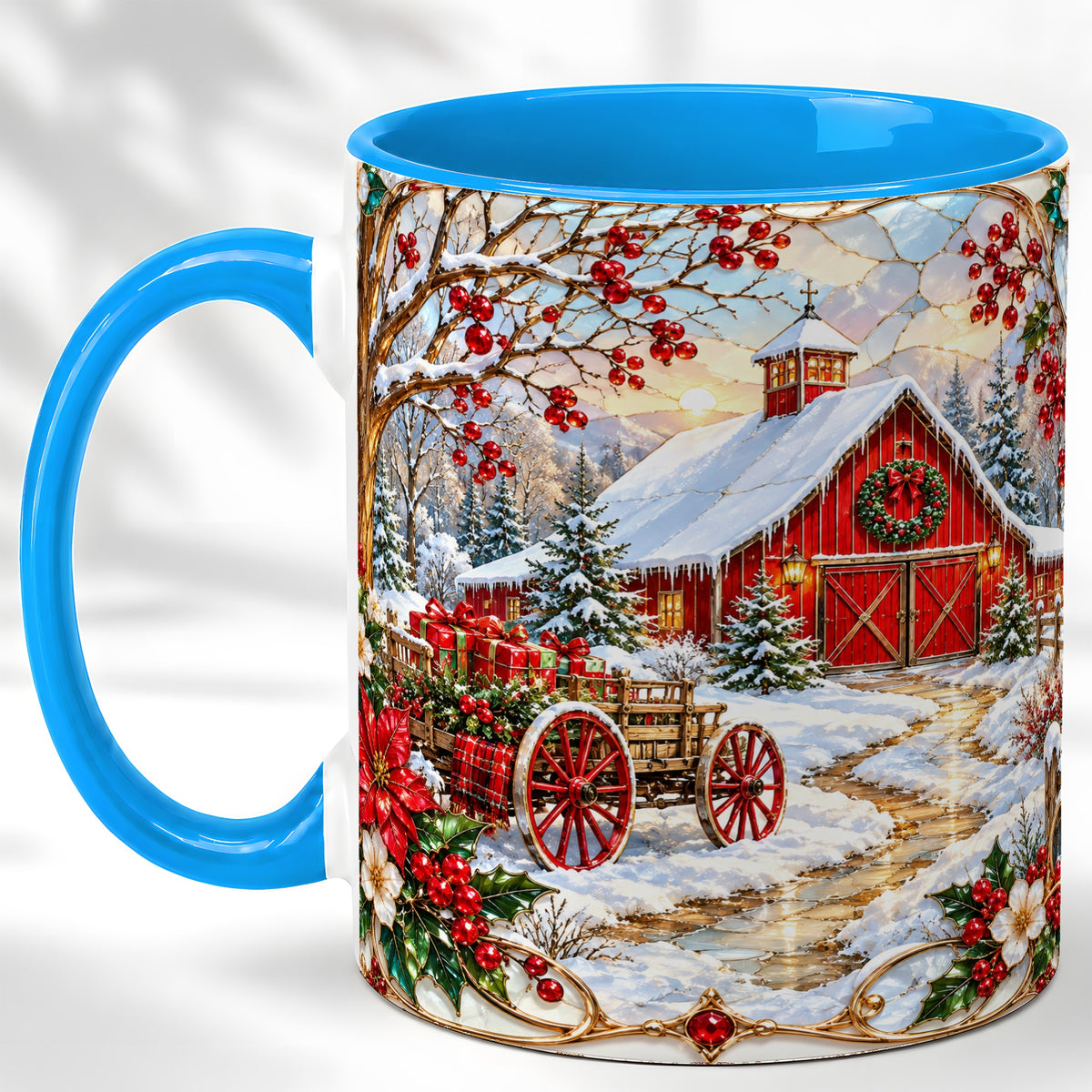 #pl[11oz|Blue] Christmas Red Barn Coffee Mug, Winter Farm Mug, Ceramic Cup