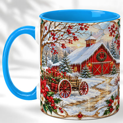 #pl[11oz|Blue] Christmas Red Barn Coffee Mug, Winter Farm Mug, Ceramic Cup