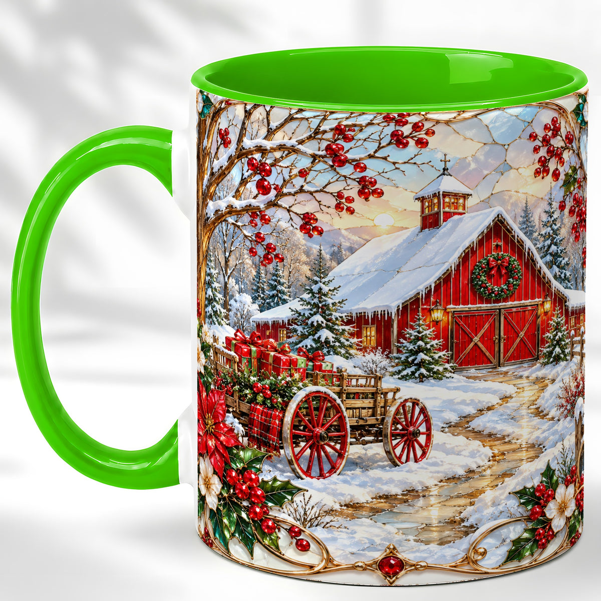 #pl[11oz|Green] Christmas Red Barn Coffee Mug, Winter Farm Mug, Ceramic Cup
