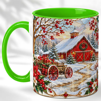 #pl[11oz|Green] Christmas Red Barn Coffee Mug, Winter Farm Mug, Ceramic Cup