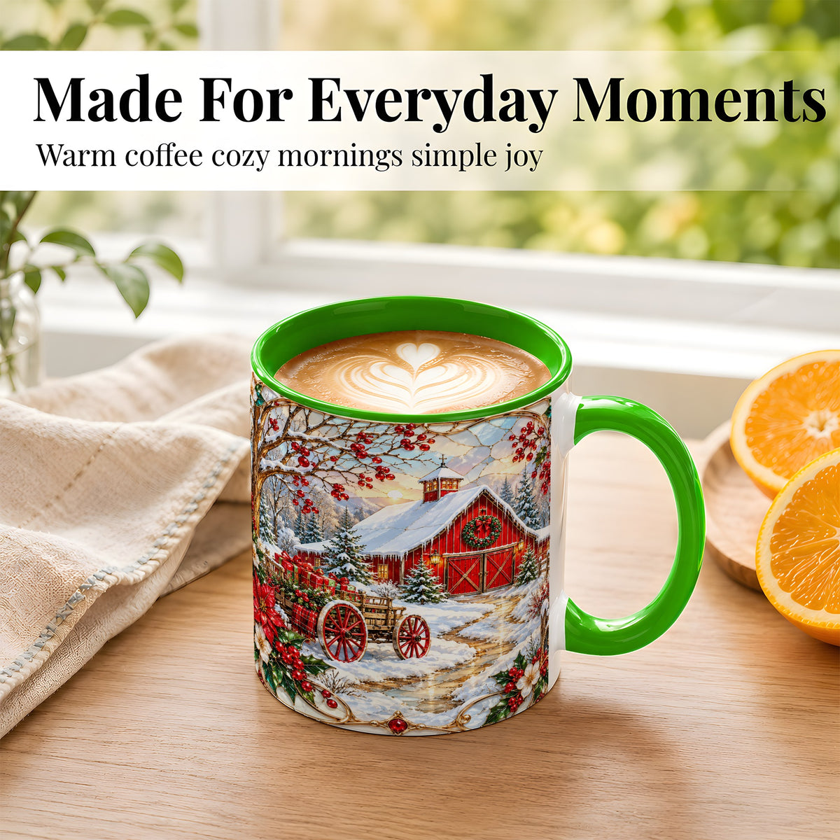 #pl[11oz|Green] Christmas Red Barn Coffee Mug, Winter Farm Mug, Ceramic Cup