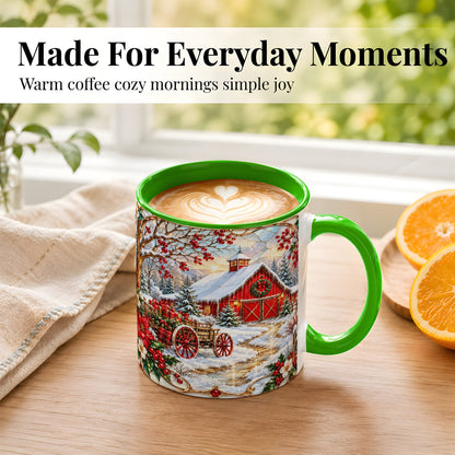 #pl[11oz|Green] Christmas Red Barn Coffee Mug, Winter Farm Mug, Ceramic Cup