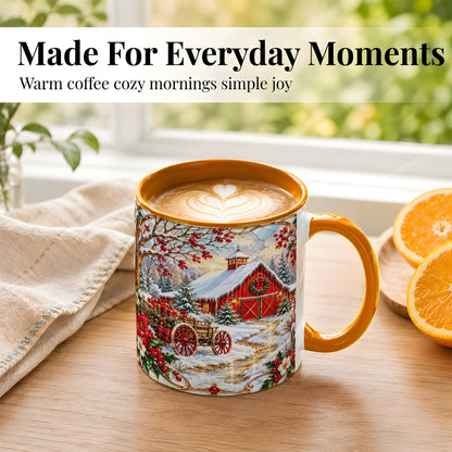 #pl[11oz|Orange] Christmas Red Barn Coffee Mug, Winter Farm Mug, Ceramic Cup